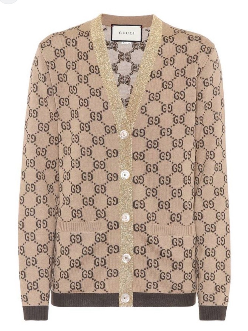 Gucci Beige GG-Logo V-Neck Cardigan with Gold Trim